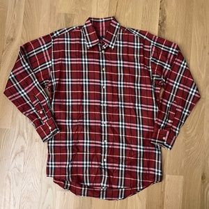 Burberry Men's Red & Black Plaid Button Down Dress Shirt, Medium